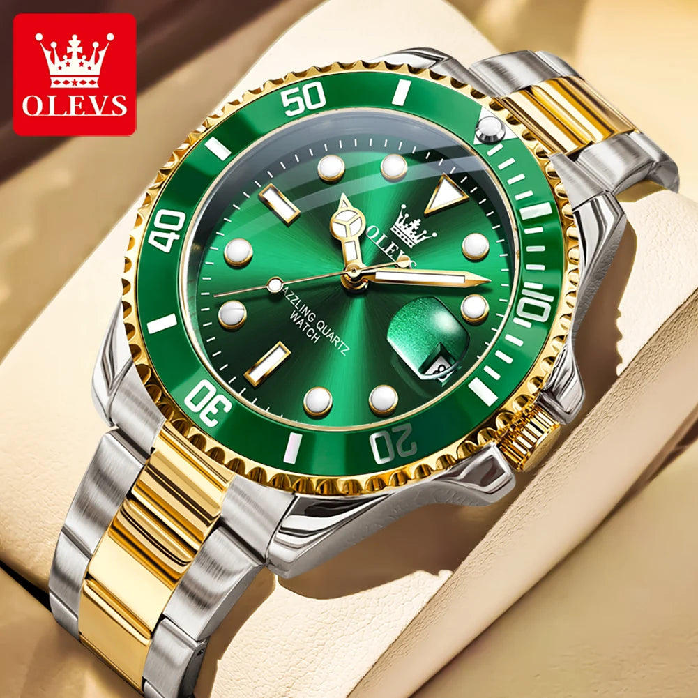 OLEVS 5885 Mens Green Dial Watch Stainless Steel (Gold)